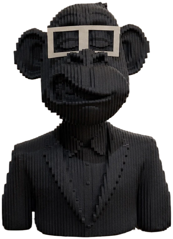 The Board: a layered black bust of a monkey in a suit and white glasses, on a stone plinth